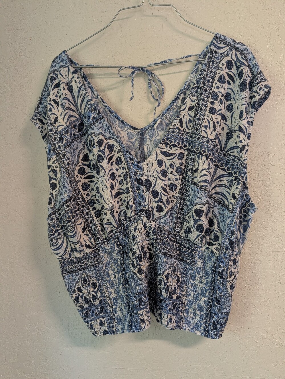 Smocked Tie-Back Blouse 2X Blue Floral V Neck Cap Sleeve Boho Festival Cottage